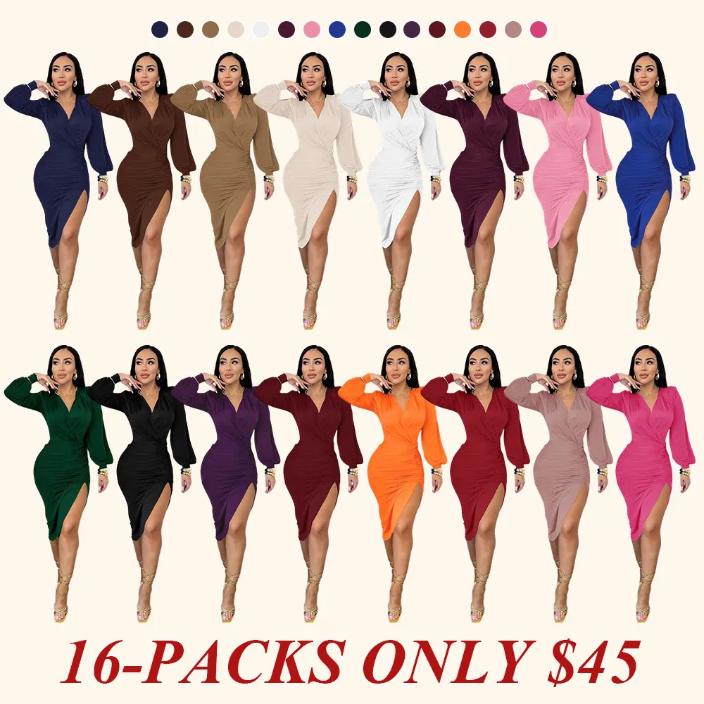 Women's Plain Ruched Wrap Split Thigh Bodycon Dress