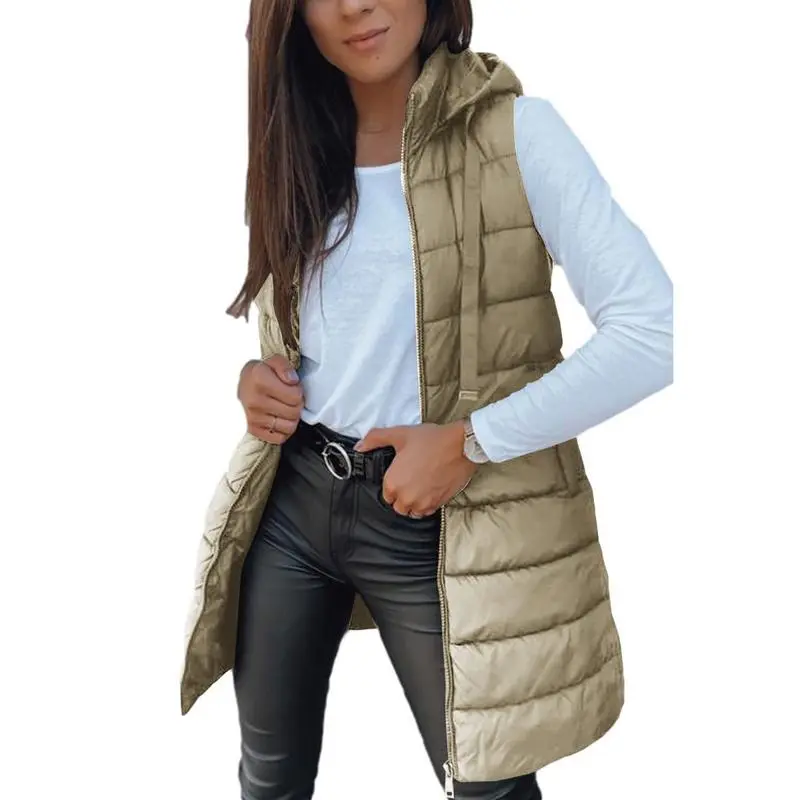 Women Long Vest Solid Color Sleeveless Hood Winter Puffer Vest Outwear