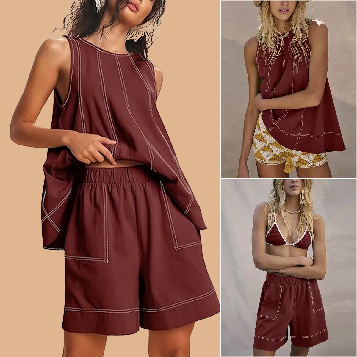 Women's 100% Cotton 2-Piece Set – A-Line Tank Top & High Waist Shorts with Pockets