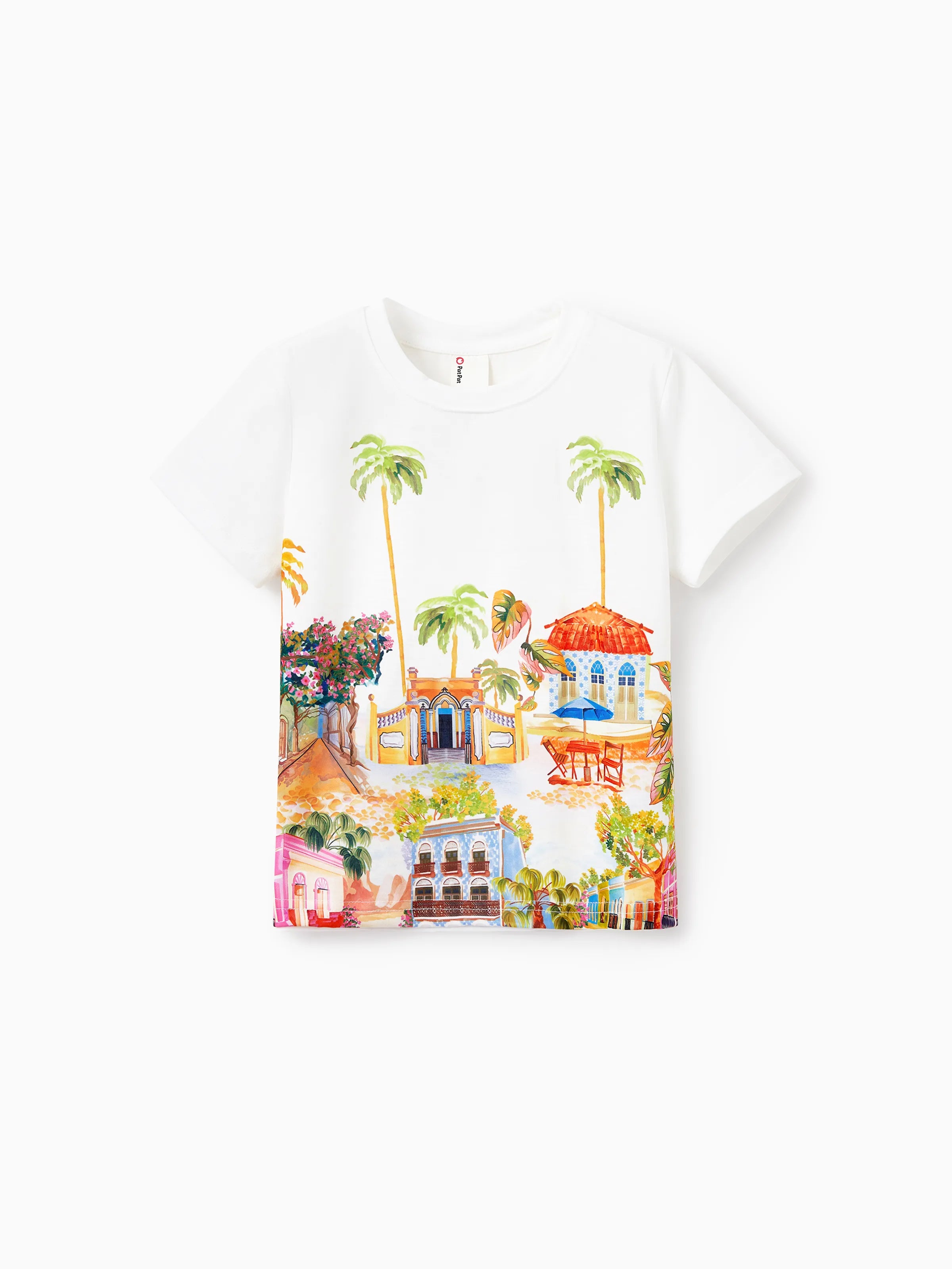 Family Matching Vacation Set Tropical Pineapple Coconut Tree Print Short-sleeve T-shirt or Hollow out Strap Dress for Summer Vacation  White