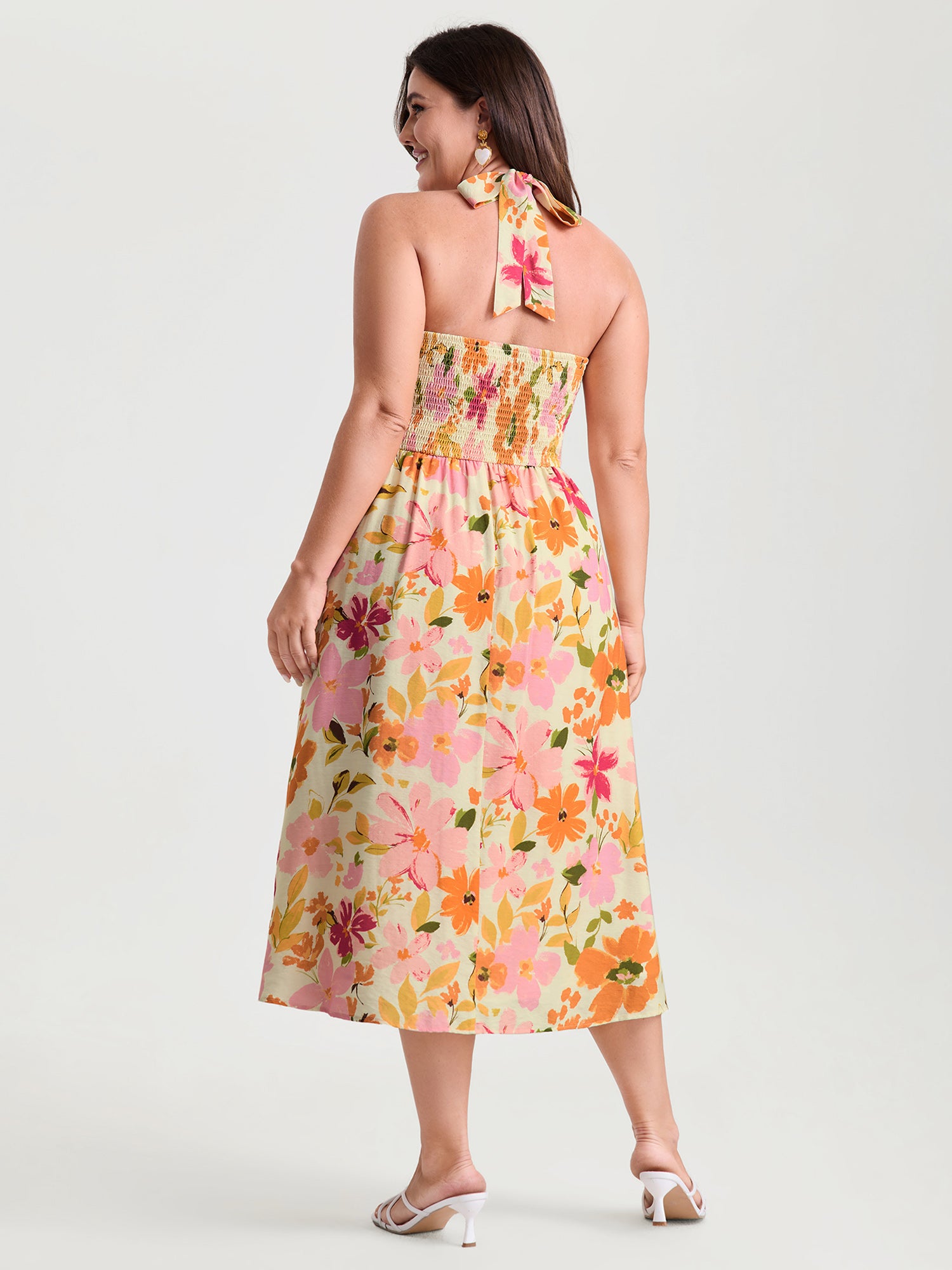 Bright Floral Print Halter Midi Dress