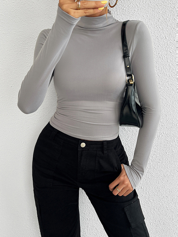 Solid Color Long Sleeves Skinny High Neck T-Shirts Tops