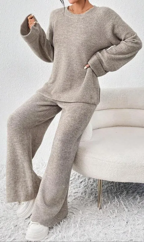Women's Raglan Sleeve Split Long Sleeve Sweater & Elastic Waist Pants Set