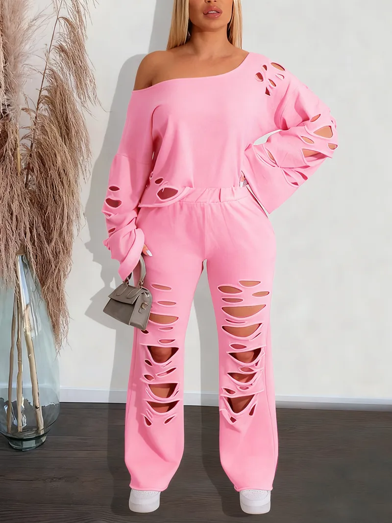 Women's Ripped Asymmetrical Neck Pullover & Wide Leg Pants Set