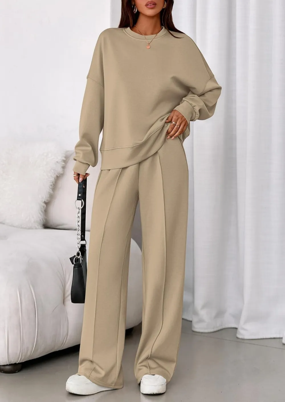 2 Piece Sets For Women Fall Trendy Long Sleeve Sweatshirt Wide Leg Pants Loungewear Set