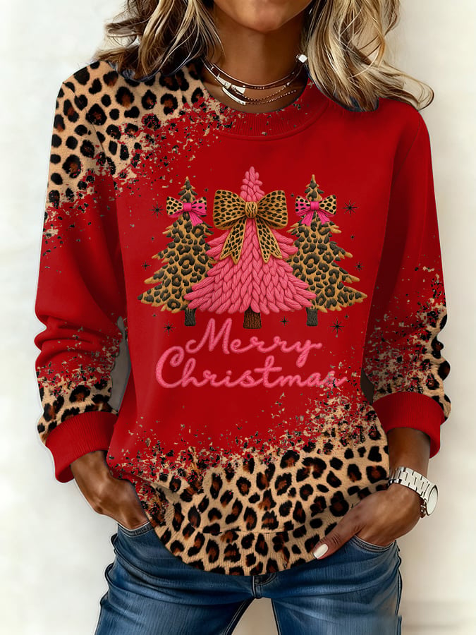 Women's Retro Western Leopard Print Christmas Print Casual Crew Neck Sweatshirt