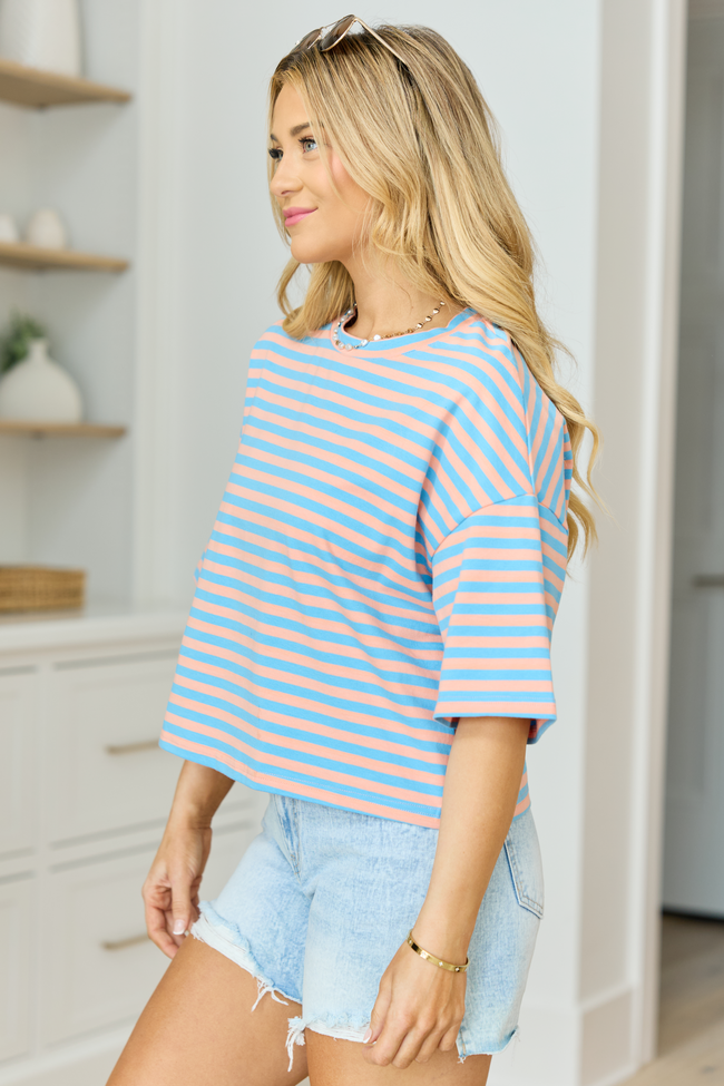 Keep It Casual Blue and Coral Multi Boxy Striped Tee