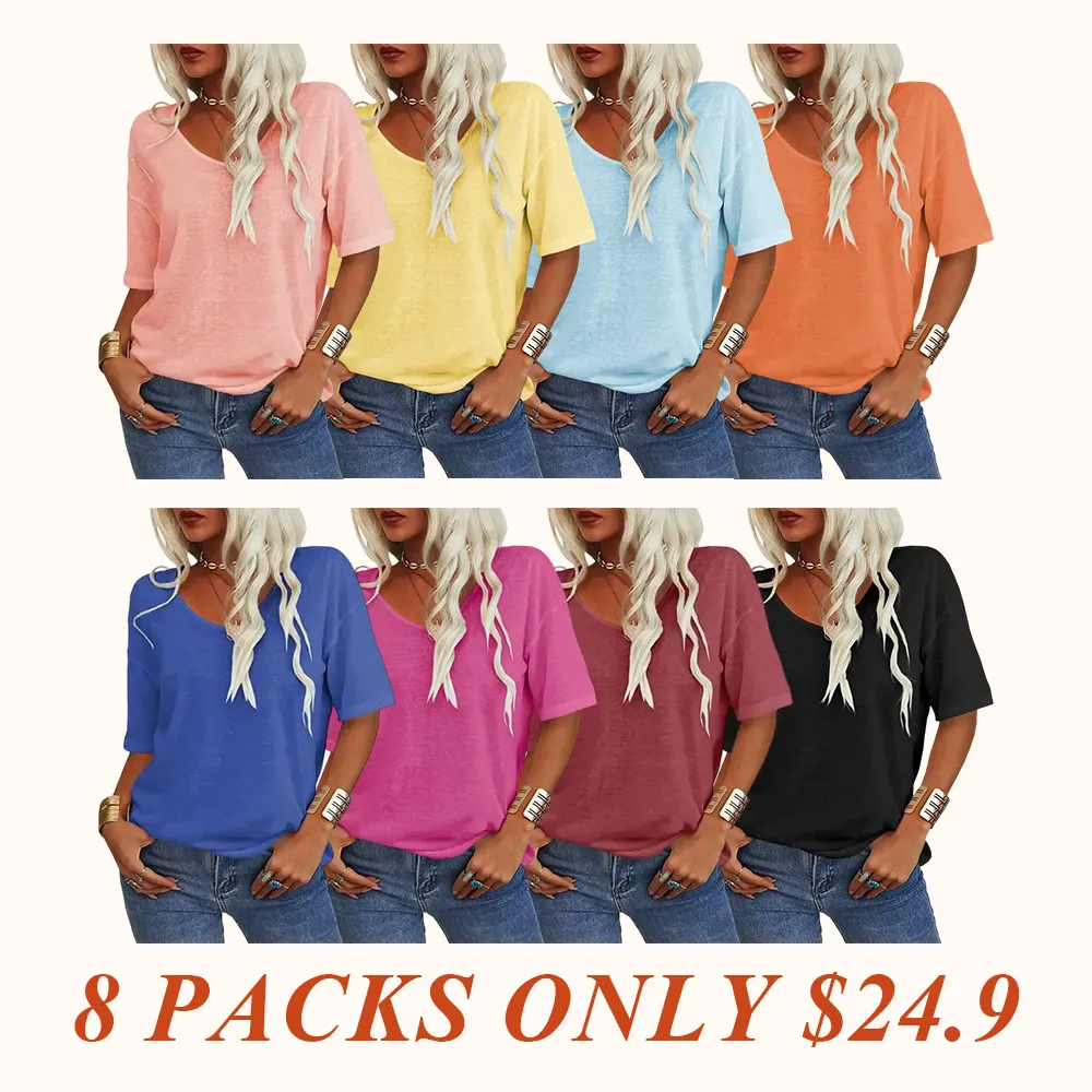 Women Soft V Neck Tshirt Half Sleeve Lightweight Solid Color Loose Fit Minimalist Top