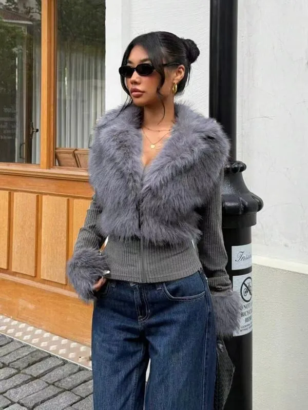 Women's Fashion Street Style Patchwork Knit Faux Fur Jacket