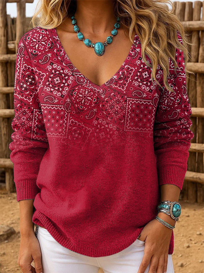 Women's Western Retro Pattern Print Long Sleeve Top
