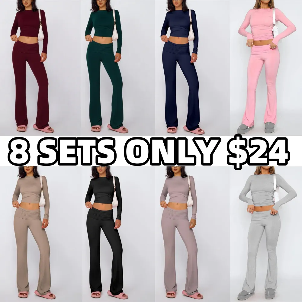 Women's Solid Long Sleeve Tee & Flare Leg Skinny Pants Loungewear Set