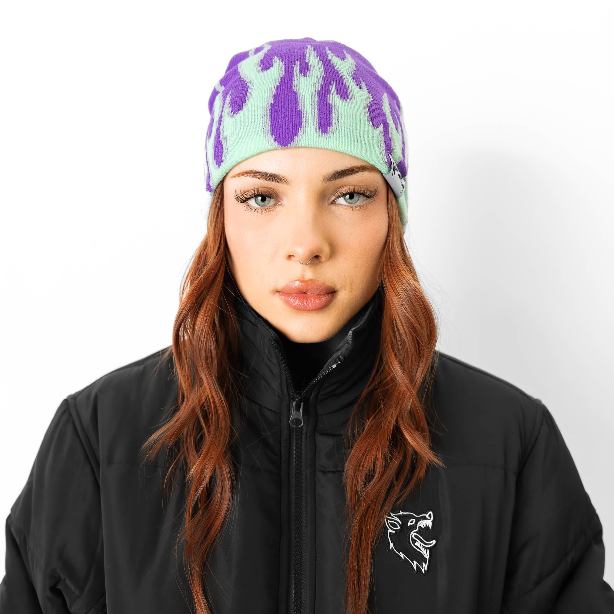 FLAME SKULL CAP BEANIE - PURPLE / GREEN