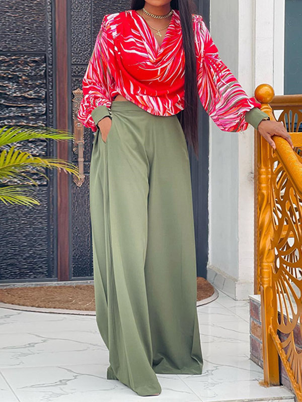 Printed Heaps Collar Long Sleeves Shirts Top + High Waisted Pants Bottom Two Pieces Set