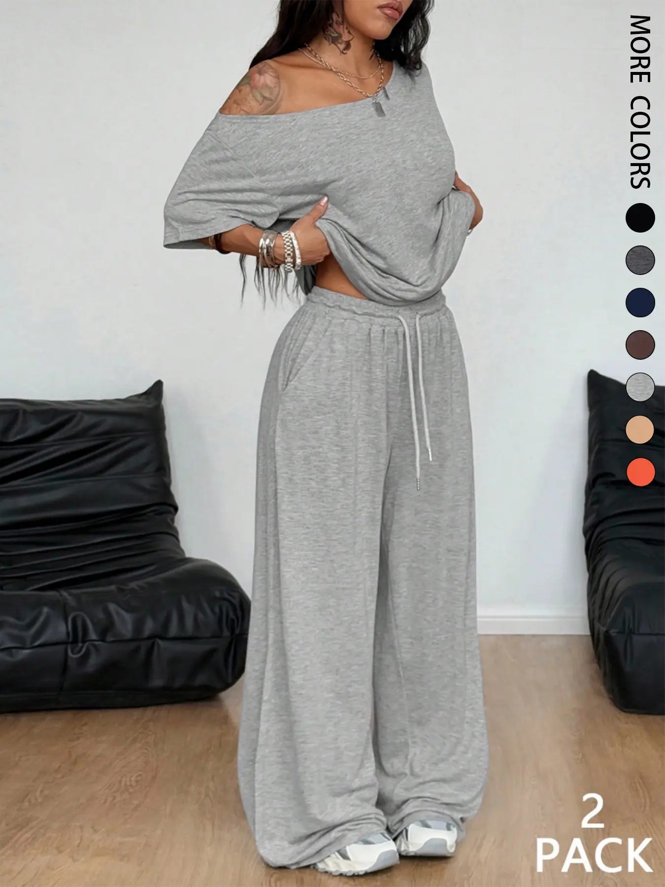 【Stock Up Deals】Minimalist 2-Piece Set: Comfy Off-Shoulder Top & Flowy Wide-Leg Pants