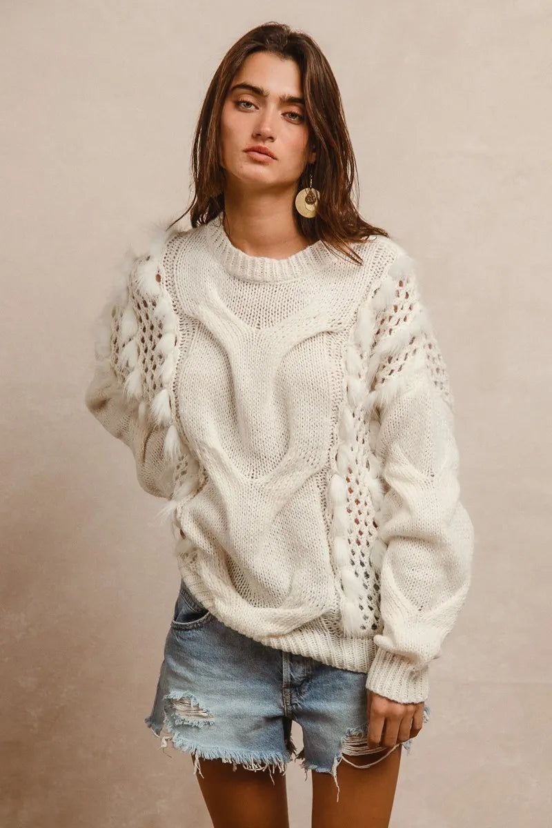 Faux Fur Detailed Pointelle Cable Knit Sweater