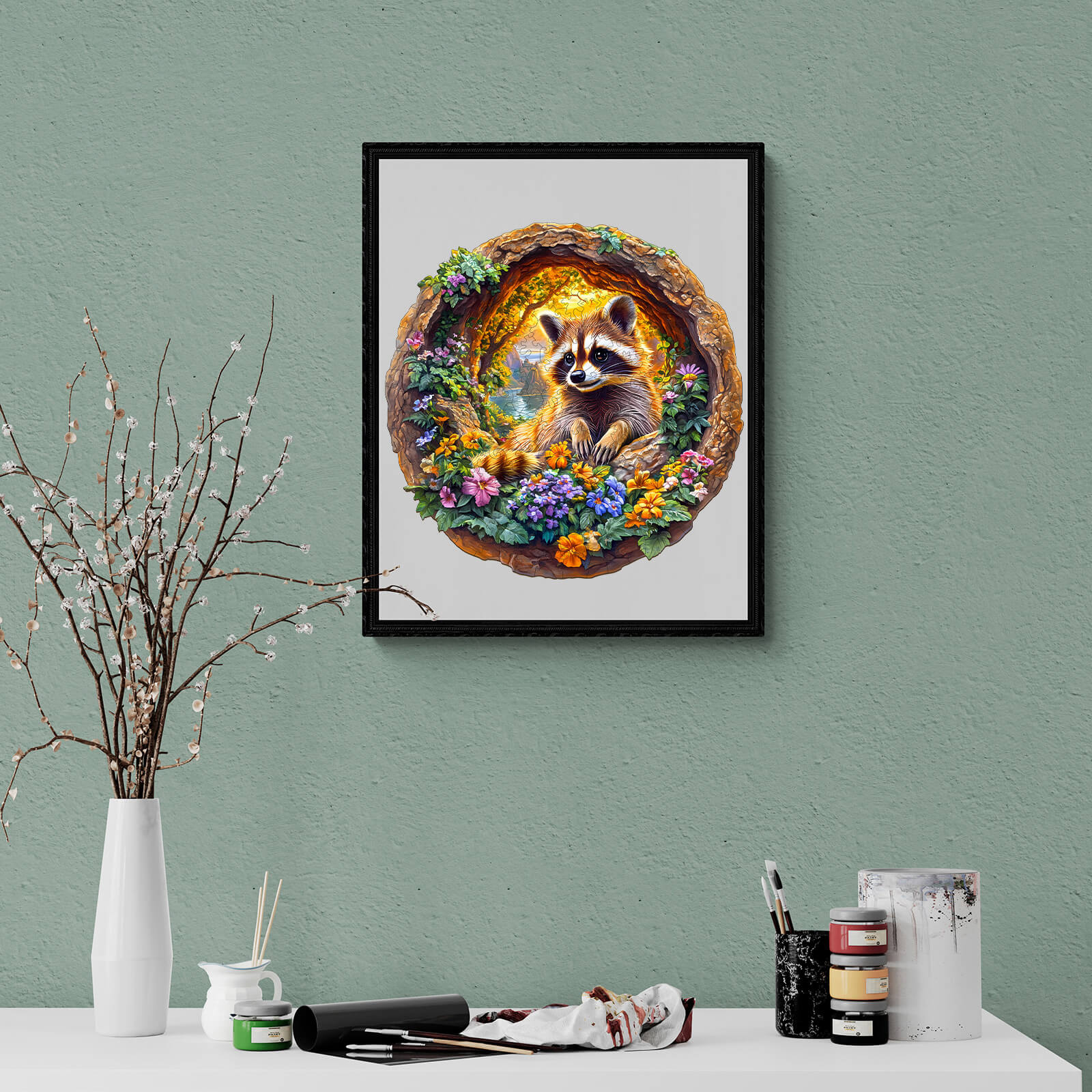 3D Raccoon on Vacation Wooden Jigsaw Puzzle