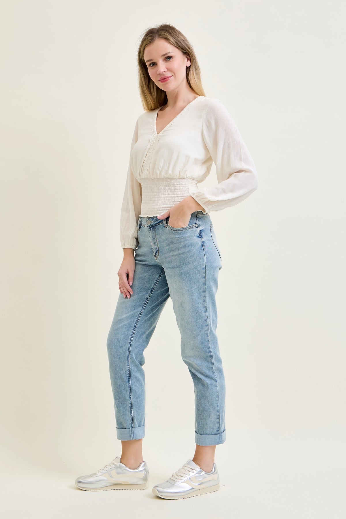 Laney V-Front Cool Denim Cuffed Boyfriend