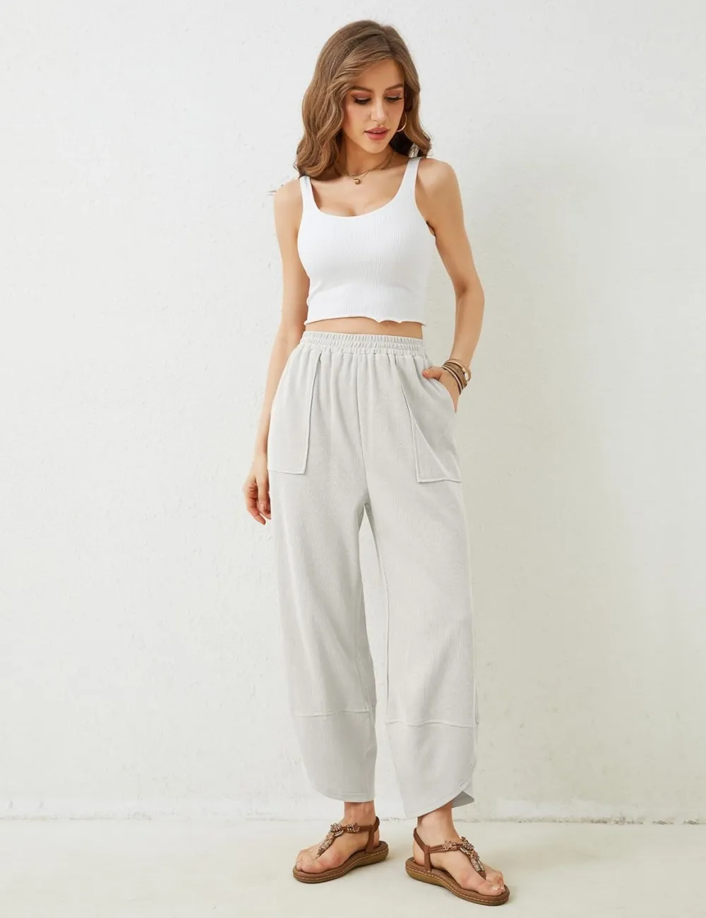 Women's Wide Leg Harem Pants Casual Palazzo Pants with Pockets High Waist Relaxed Fit