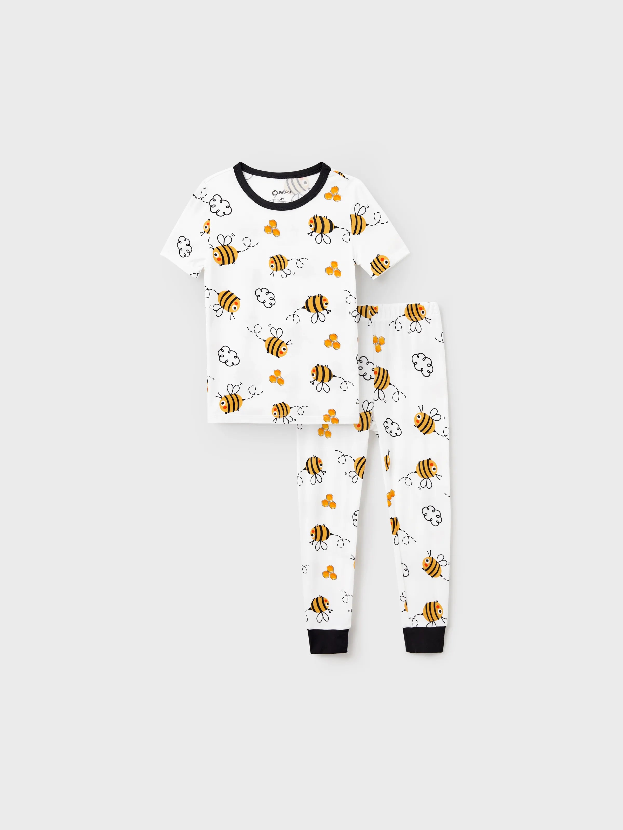 Family Matching Bamboo Pajamas Soft Bamboo Viscose PJs for Men Women Kids Toddler, Cute Bee Print Sleepwear with Short Sleeve Top and Long Pants White