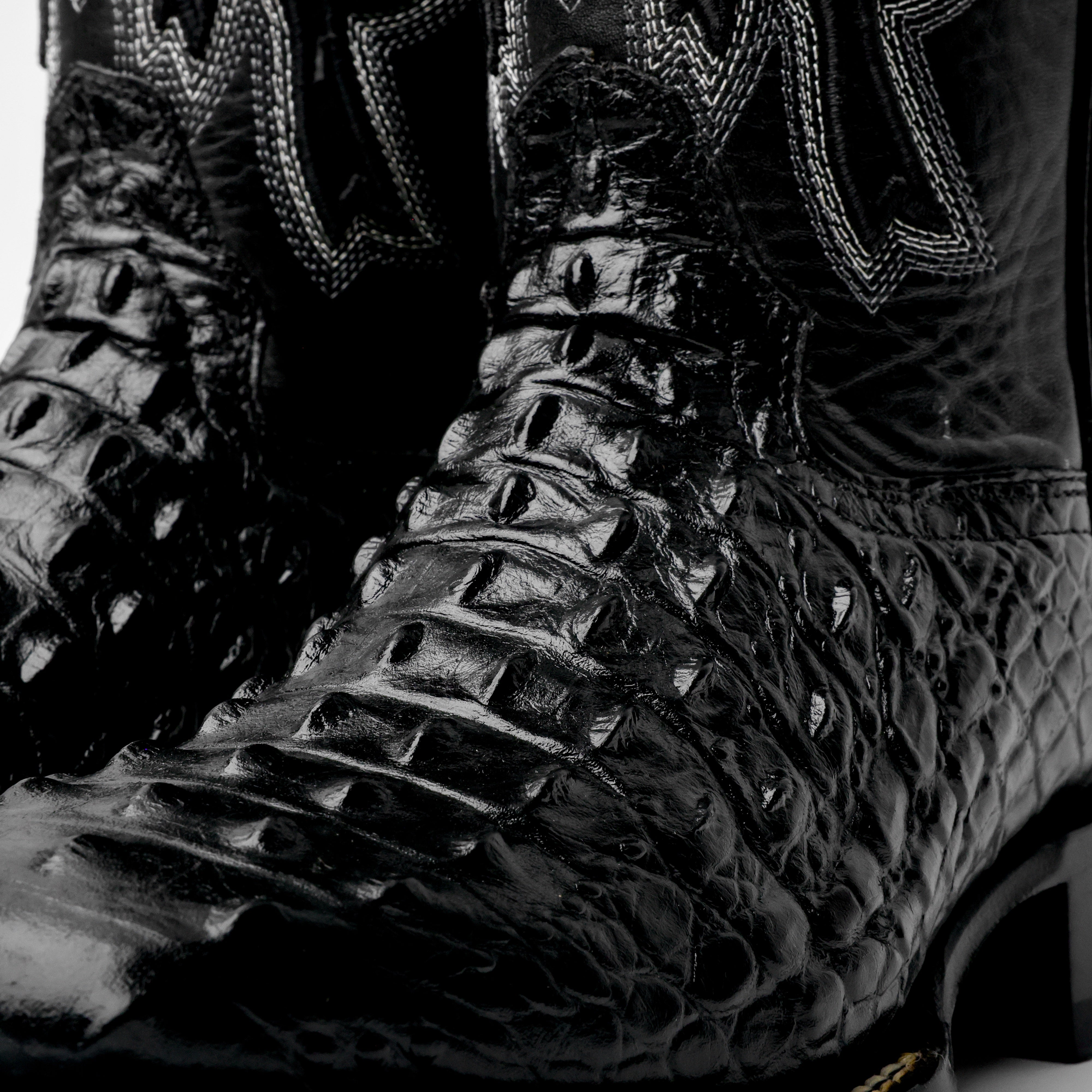 Black Caiman Hornback Leather Boots - Square Toe