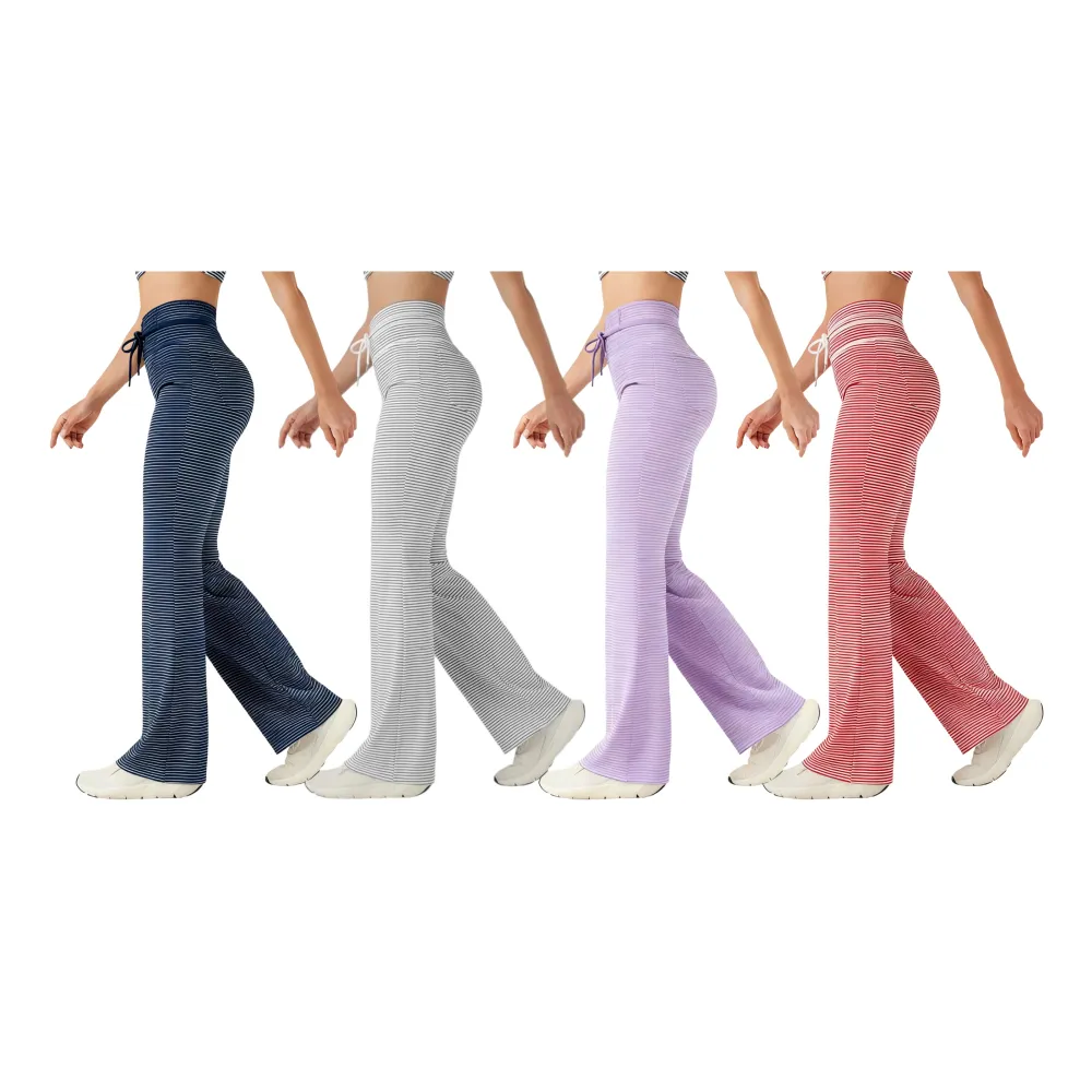 High Waisted Drawstring Stripe Flare Yoga Pants with Pockets
