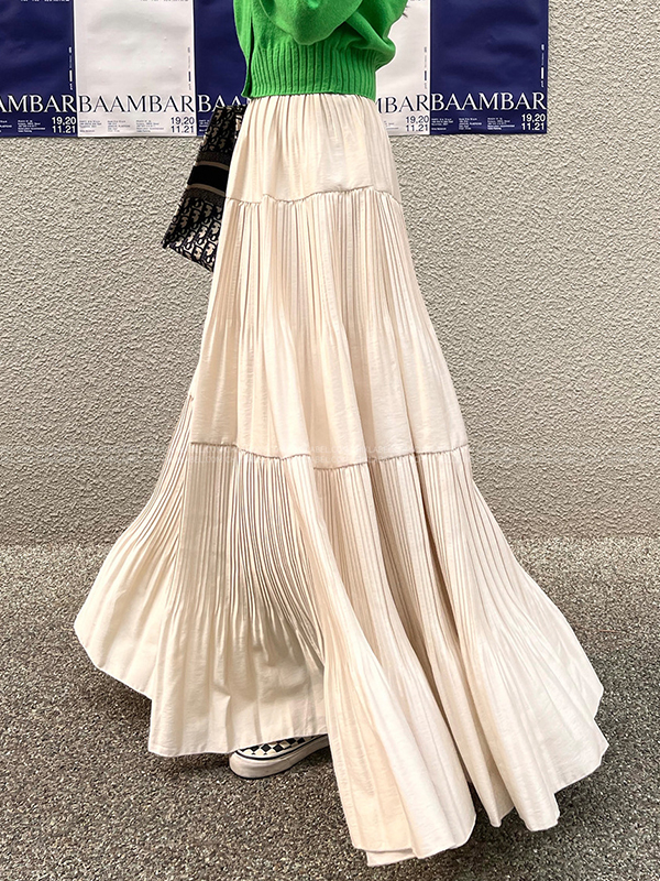 Pleated Solid Color Split-Joint A-Line High Waisted Skirts Bottoms