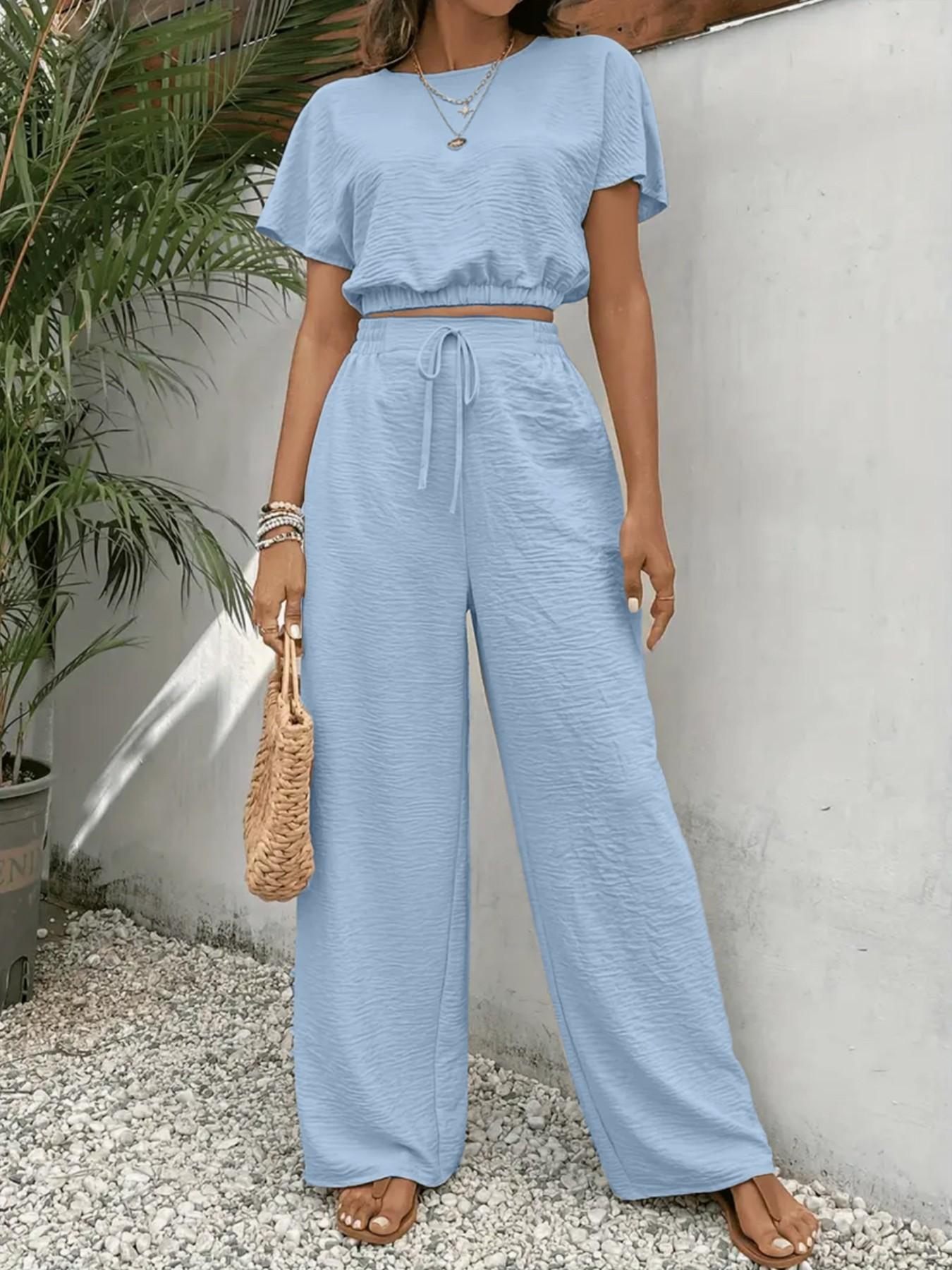 Women’s Casual Two-Piece Set – Fitted Top & Wide Leg Pants