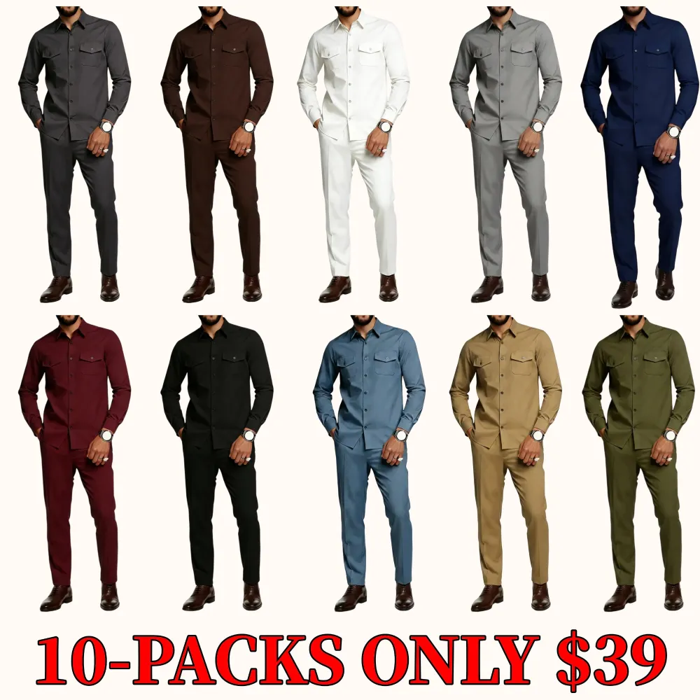 A minimalist men's business suit includes a long-sleeved shirt and straight-leg trousers.