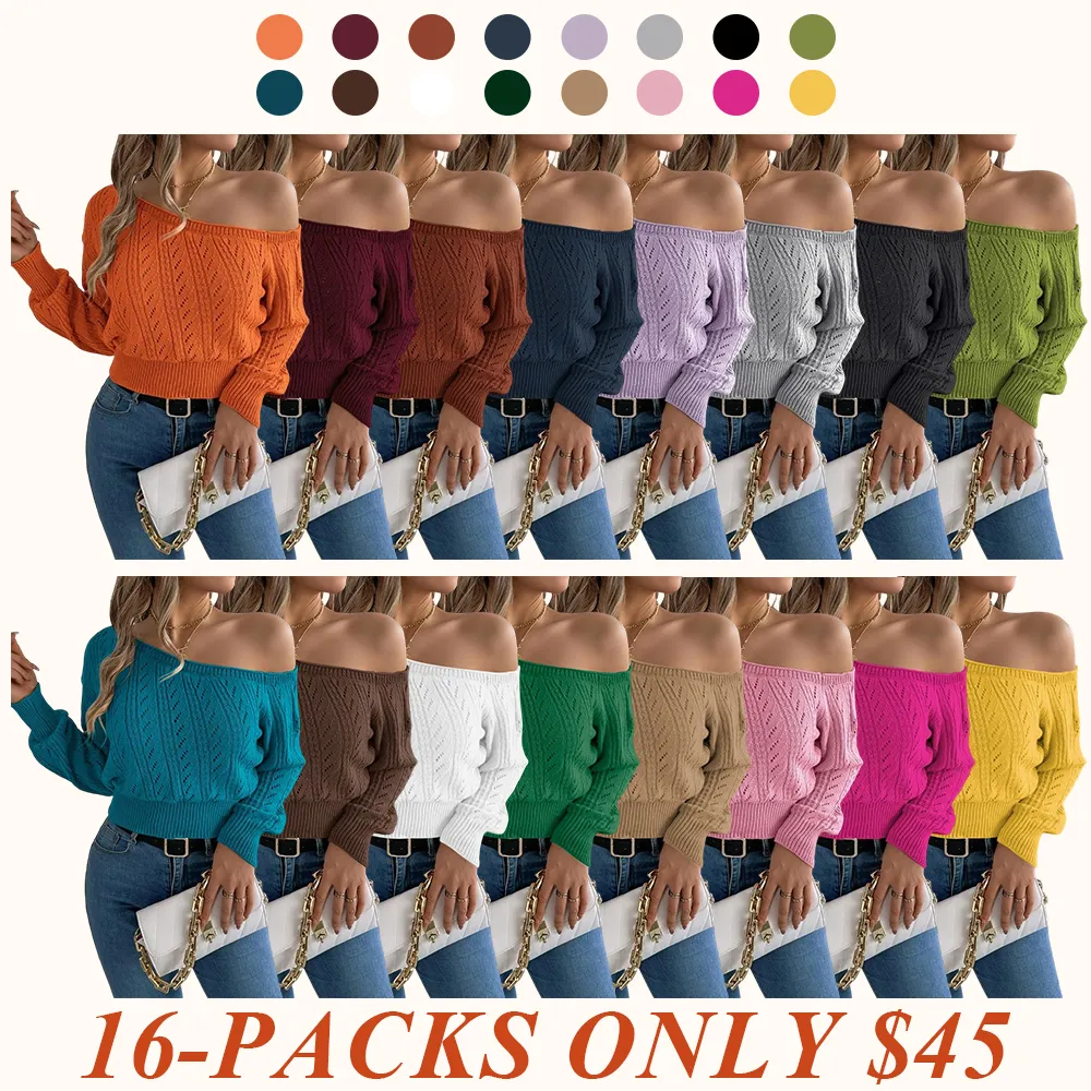 Women's Plain Textured Hollow Out Asymmetrical Neck Sweater