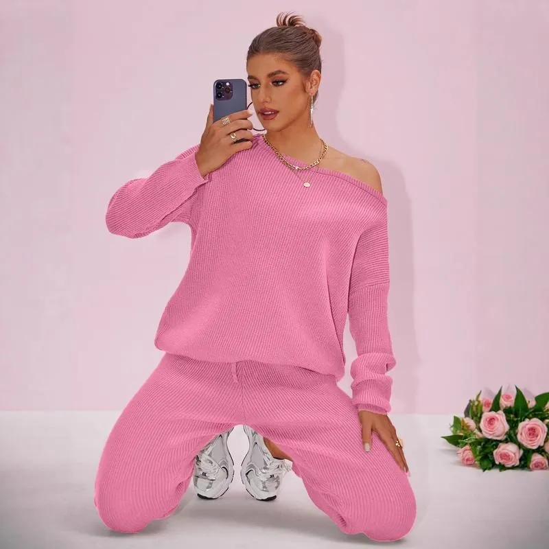 Women's 2025 Fall Winter Knit Set Oversized Sweater & Lounge Pants Matching Sets