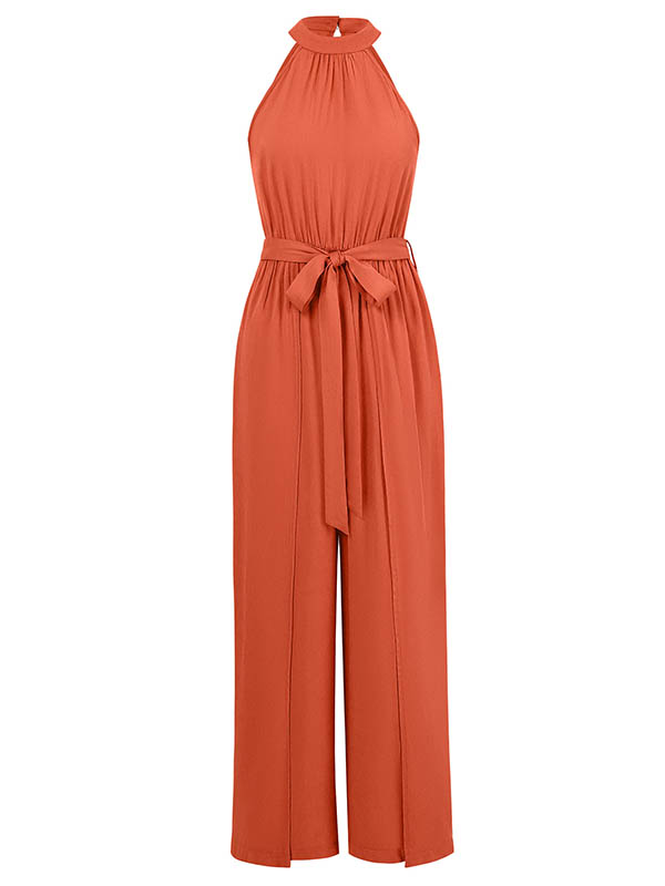 Pleated Solid Color Split-Front Tied Waist High Waisted Loose Halter-Neck Jumpsuits