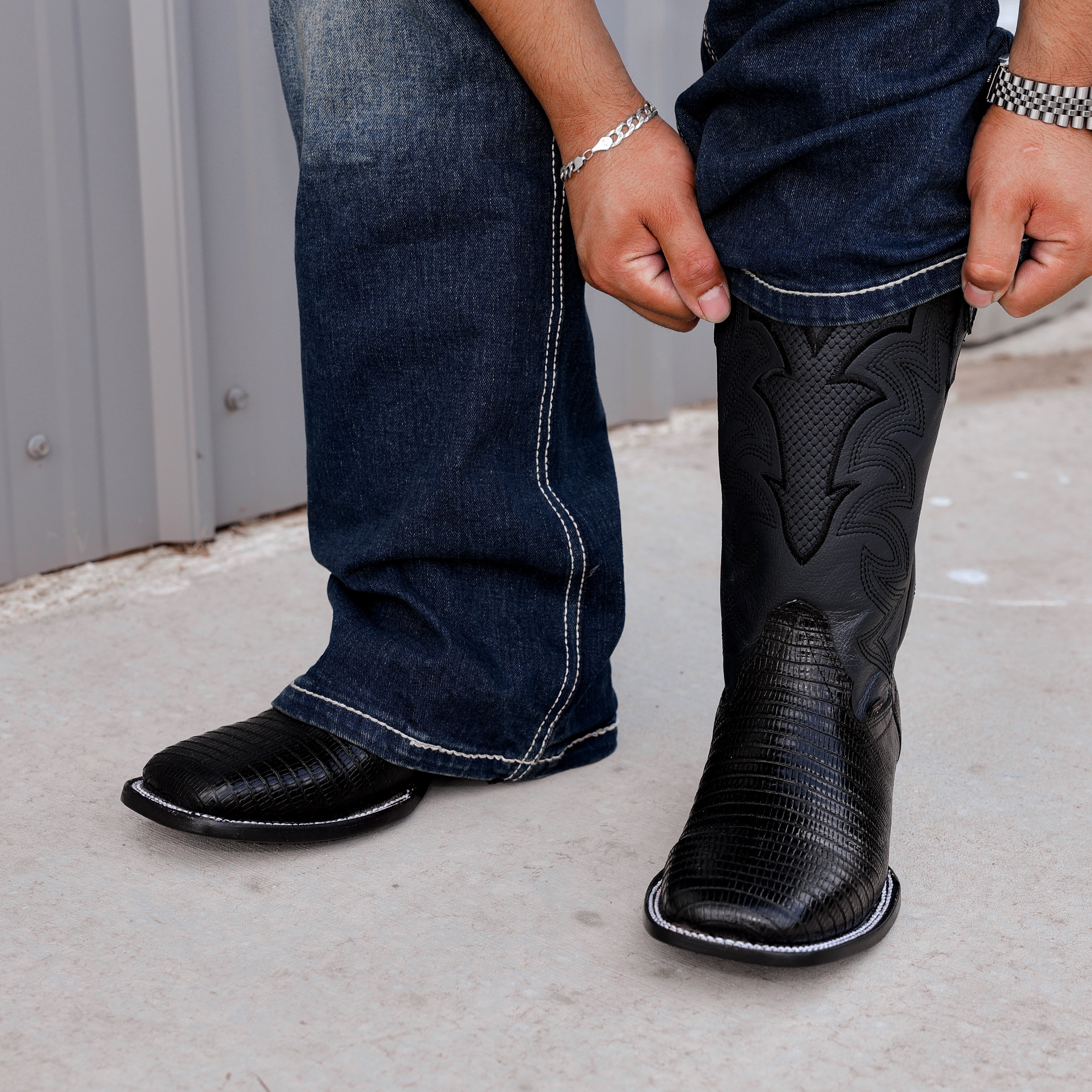 Black Lizard Leather Boots - Square Toe
