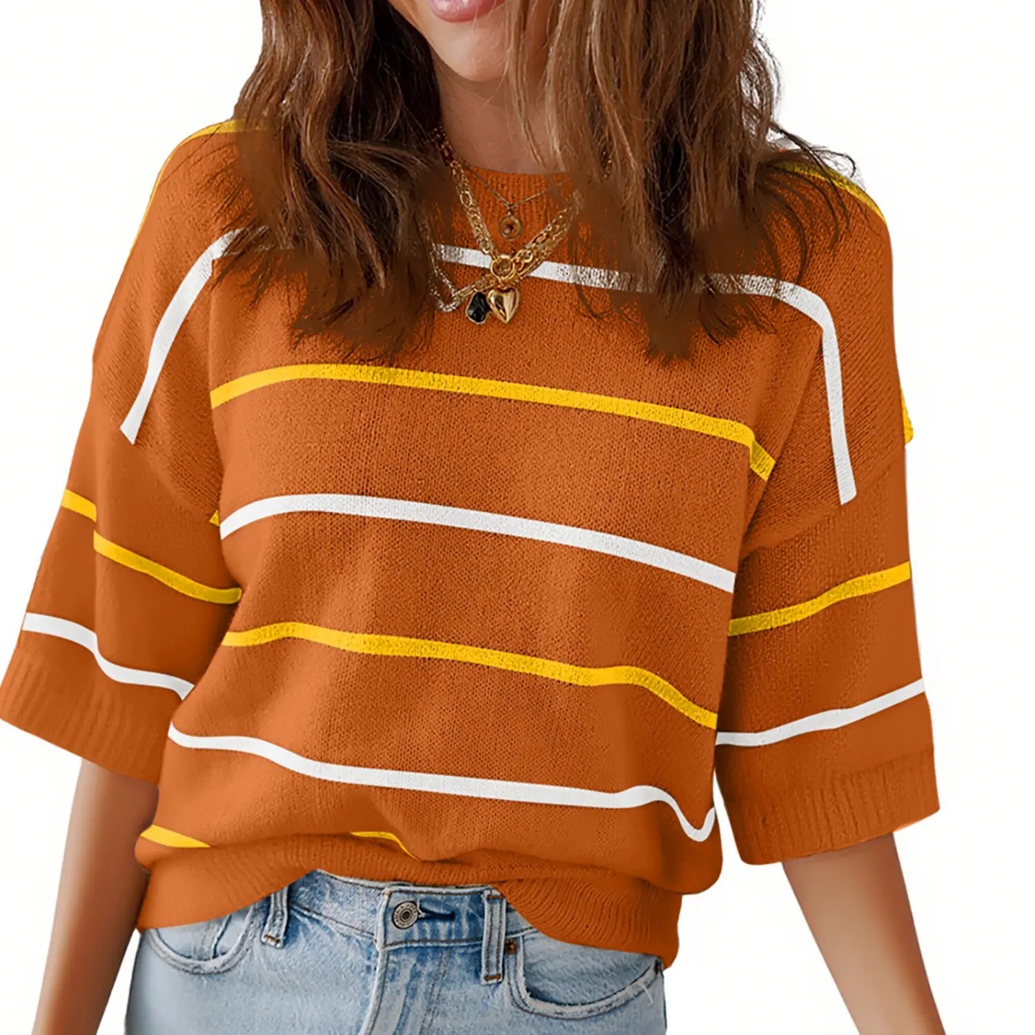 2026 Spring/Summer Women's Short Sleeve Striped Sweatshirt - Soft Breathable Fabric Crew Neck Pullover Top for Daily Wear