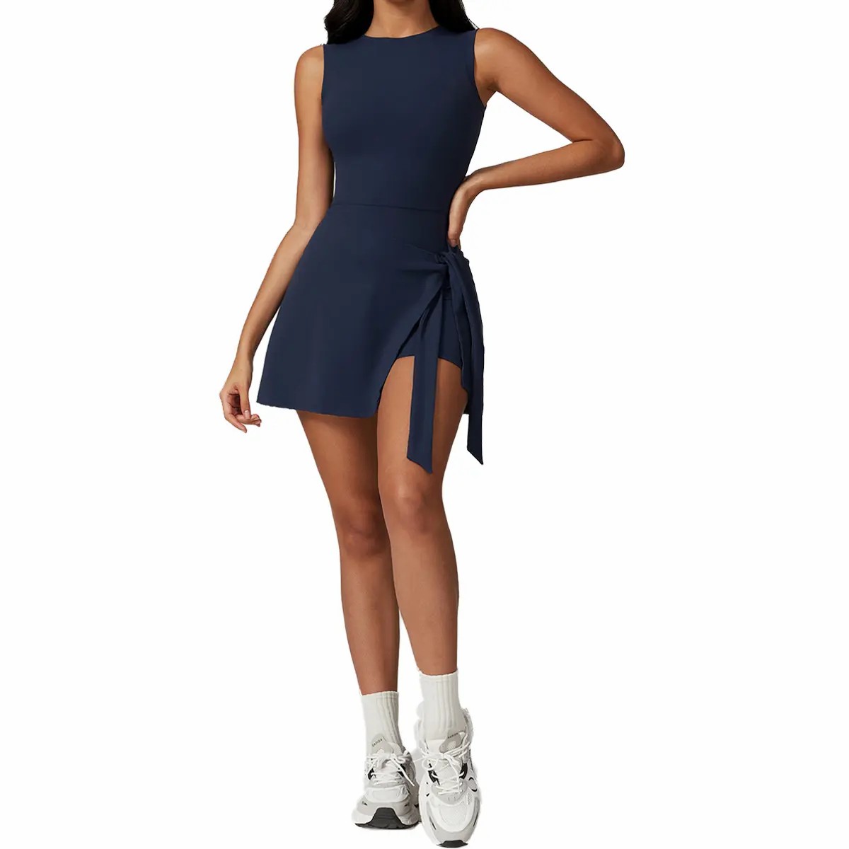 Women's Sleeveless Tennis Dress – High Stretch Knit with Built-in Shorts & Side Ruffle