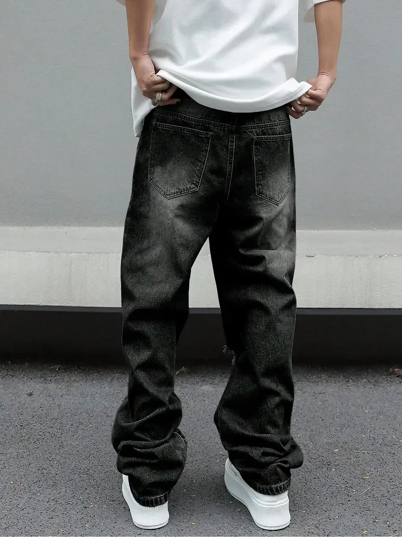 Men's Trendy Loose-Fit Jeans: American Retro-Style Distressed, Casual Wide-Leg Flared Denim