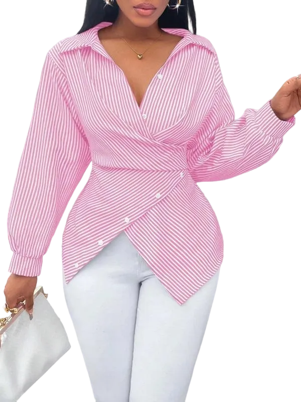 Women's Asymmetrical Striped Print Button-Up Shirt