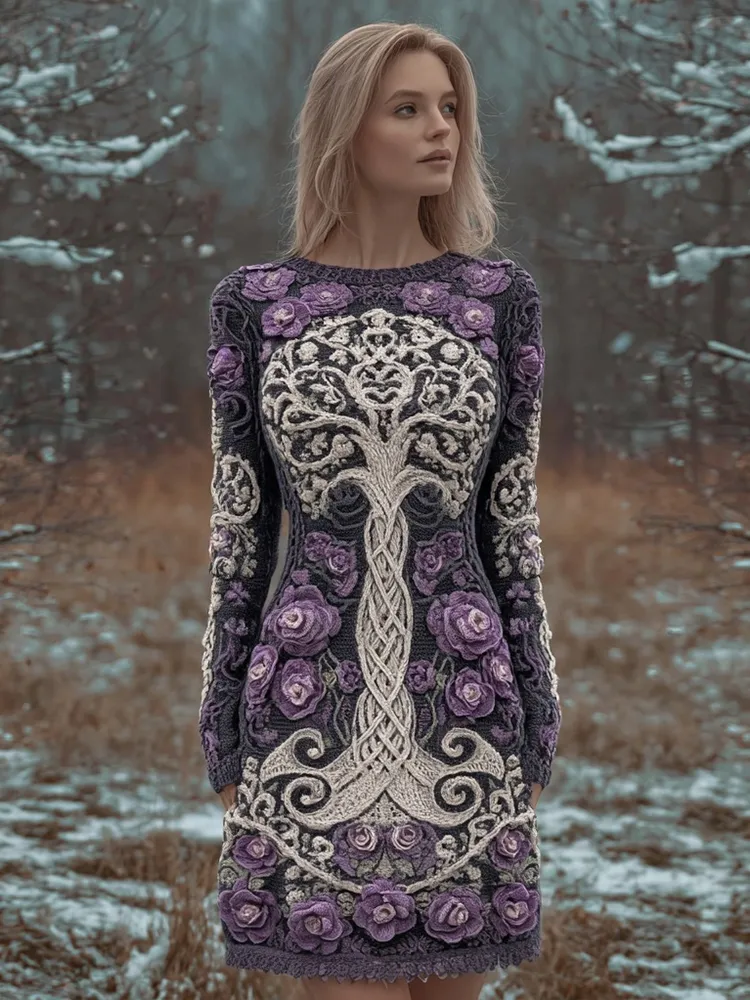 Floral Tree Of Life Pattern Vintage Mini Sweater Dress