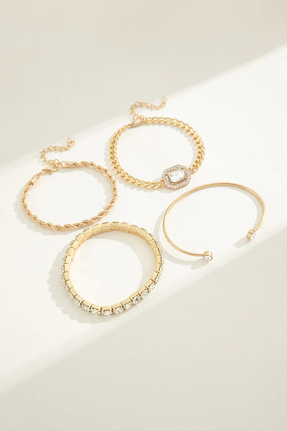 Gold 4pcs Diamond Chained Braided Bangle Bracelet Set