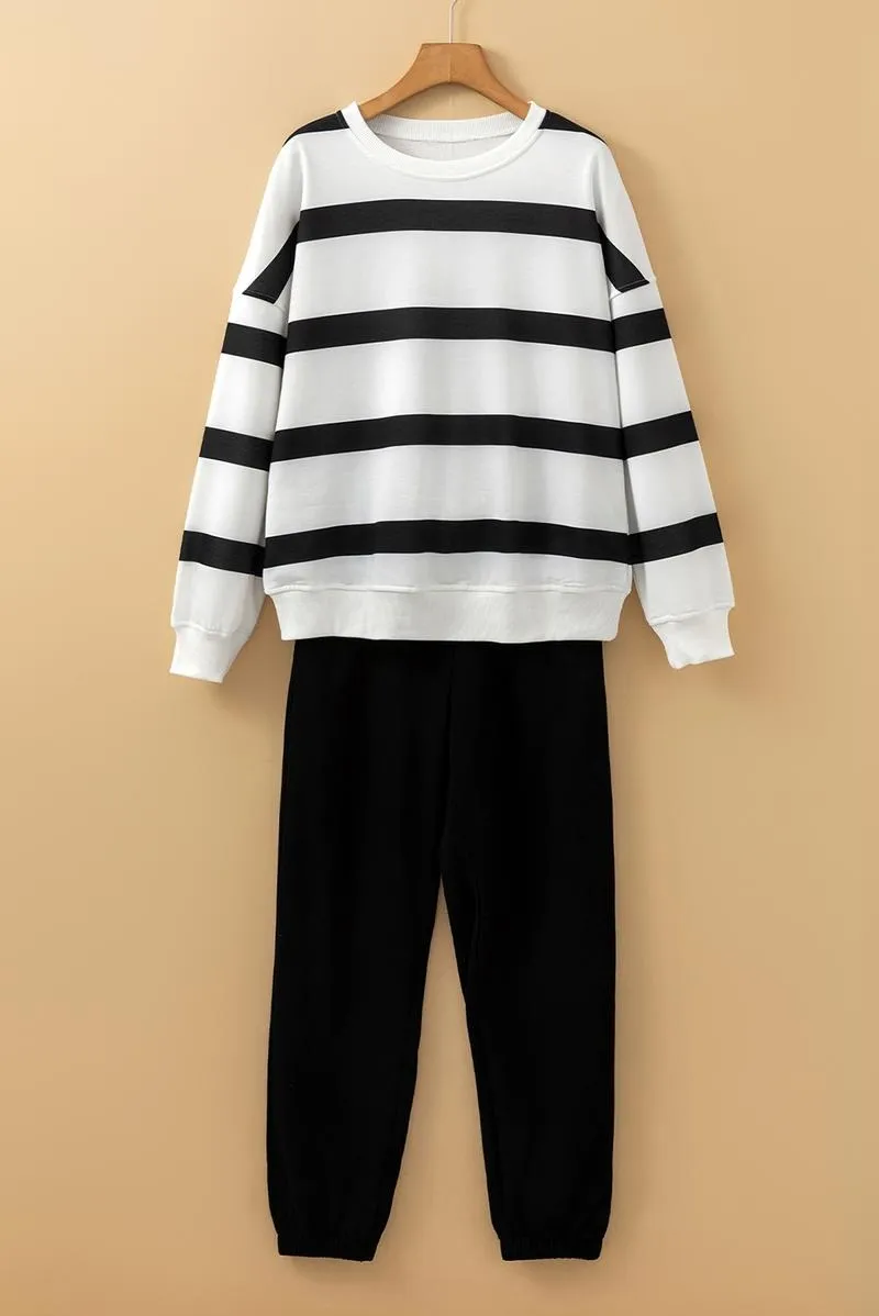 Women's Striped Two Piece Outfit Long Sleeve Drop Shoulder Pullover Tops & Jogger Pants Sets