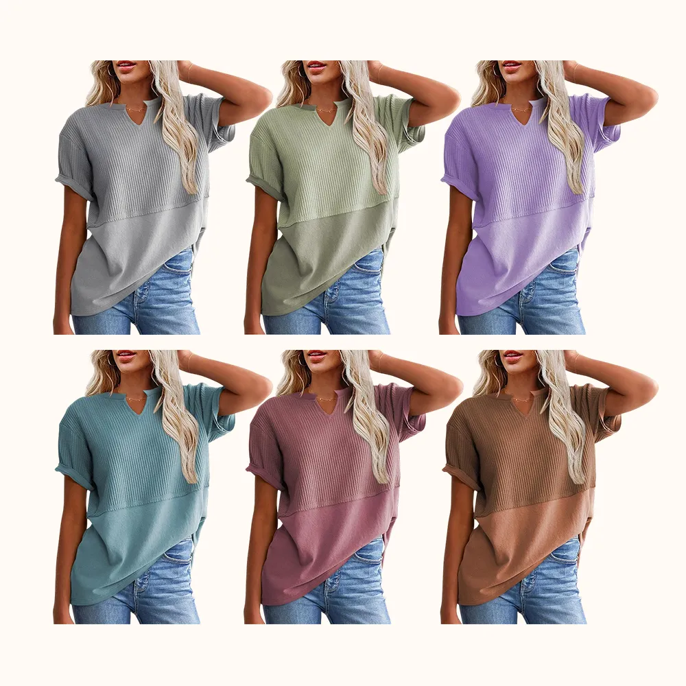 2026 Spring/Summer Cozy Oversized Waffle Knit V-Neck Top Women's Short Sleeve Pullover