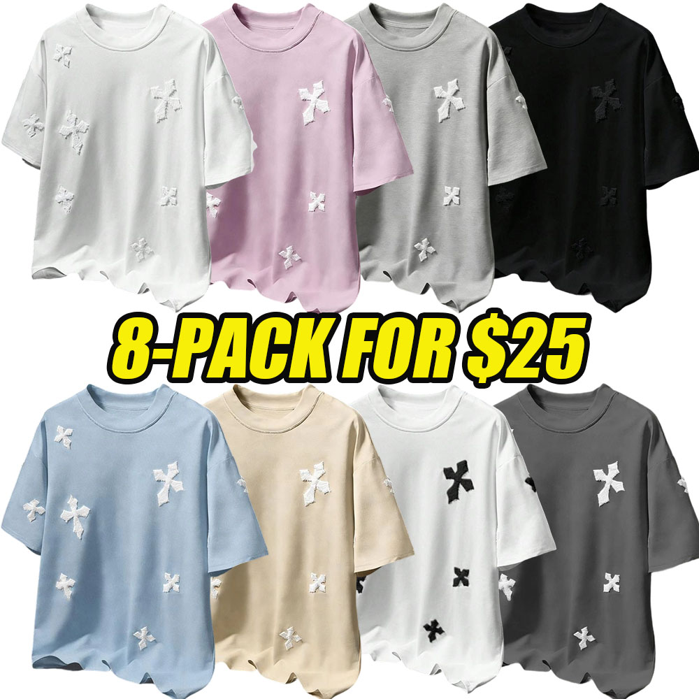 Men's Cross Stitch Embroidered Solid Color Round Neck T-Shirt