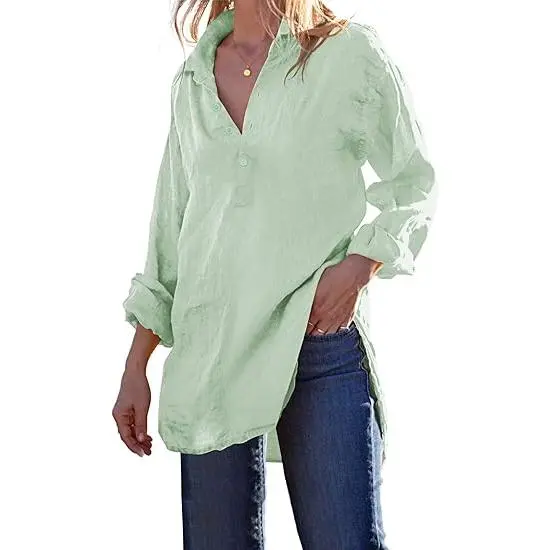 Womens Cotton Linen Tunic Shirts Button Down Long Sleeve Blouse Tops Beach Cover Up