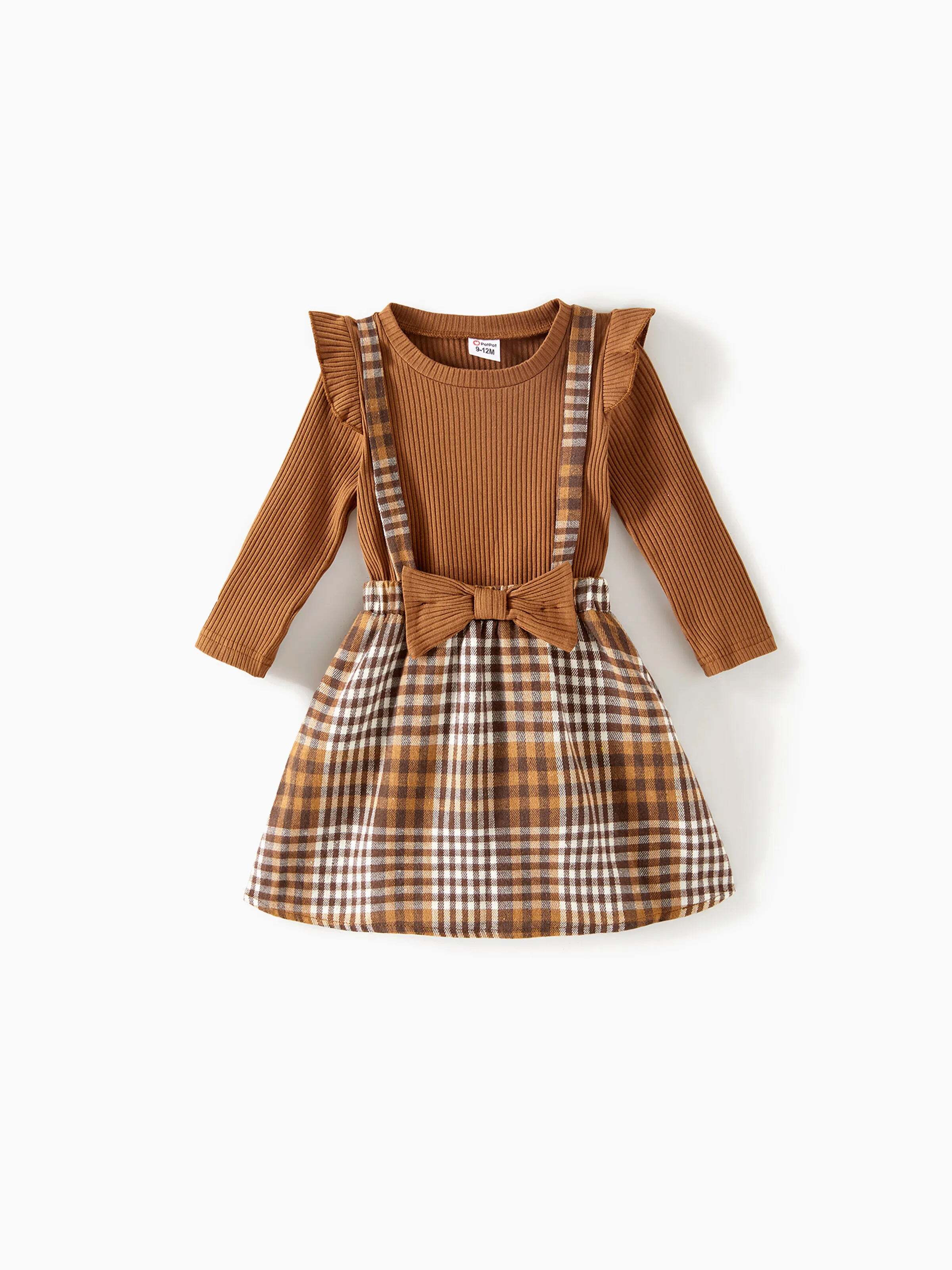 Family Matching Coffee Ribbed Spliced Plaid Belted Dresses and Long-sleeve Colorblock Tops Set Coffee