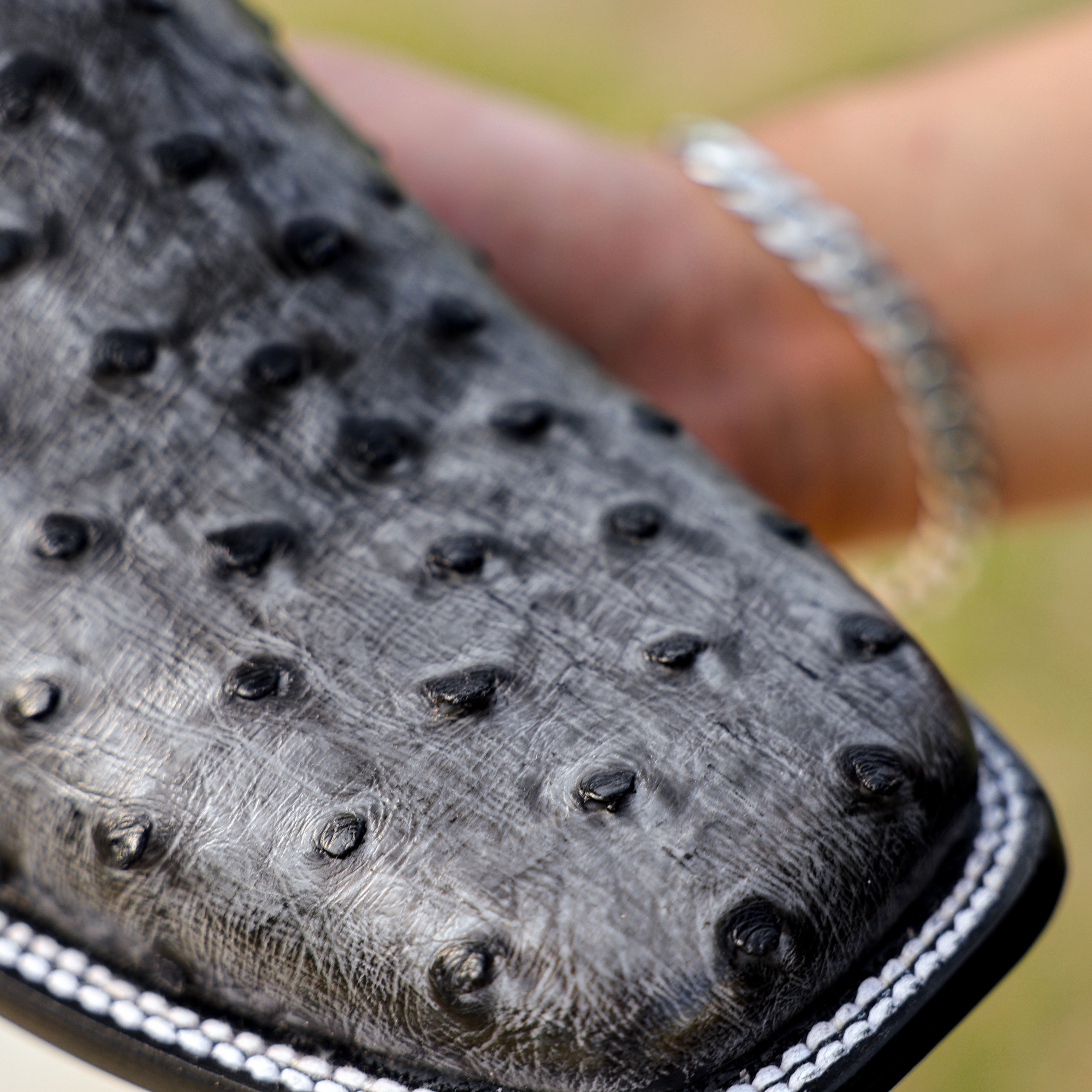 Grey Ostrich Leather Boots - Square Toe