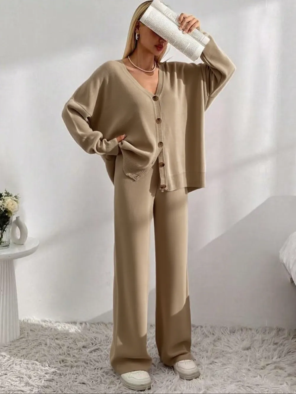 Women's  V Neck Cardigan & Elastic Waist Wide Leg Pants Two-piece Set