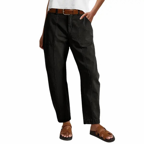 Women's Mid Waist Baby Barrel Fit Pants – Deep Pockets, High Stretch Casual Crop