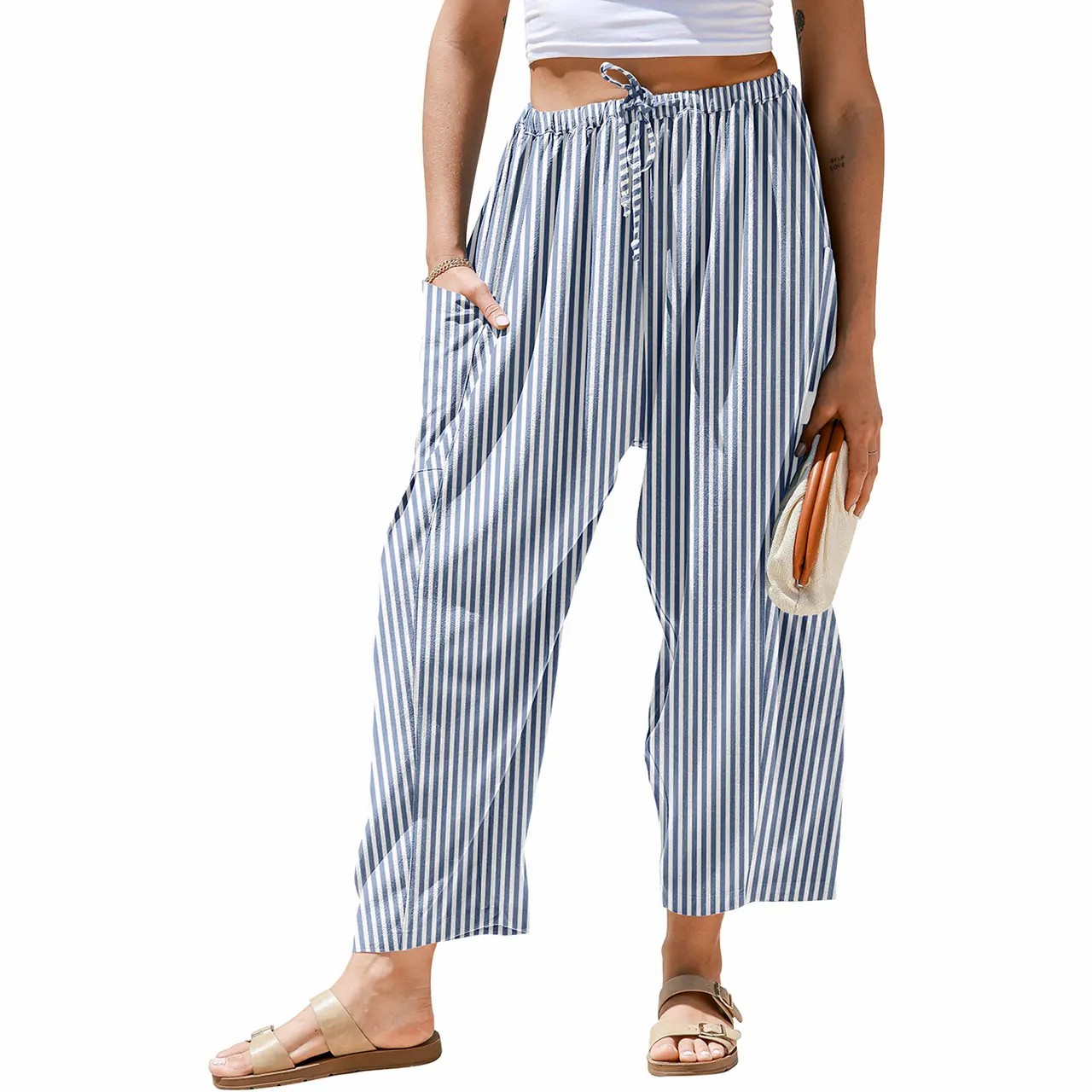 Women's Gingham Striped Wide Leg Pants – Low Waist Drawstring Palazzo with Pockets