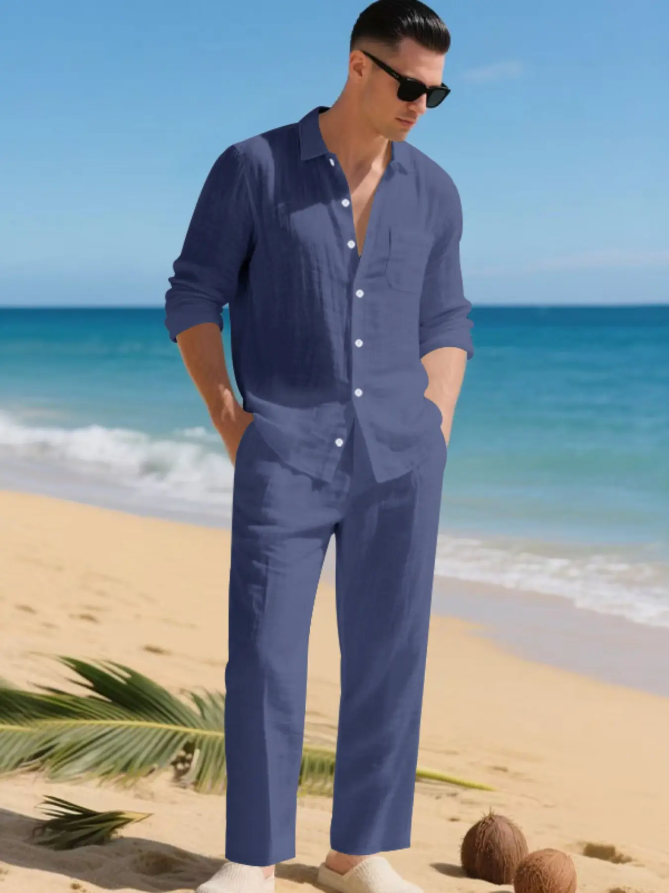 Men's Summer Linen Shirt & Pants Set, Casual Long Sleeve Beachwear, Comfortable Fashion Clothing for Vacation