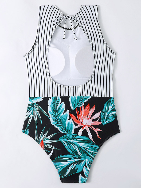 Striped+Floral Printed Split-Joint One-Piece Swimwear