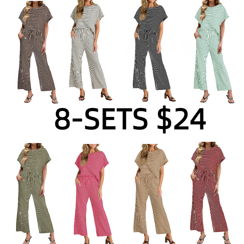 Womens Striped 2 Piece Sets Short Sleeve T Shirts Wide Leg Pants Matching Lounge Set with Pockets